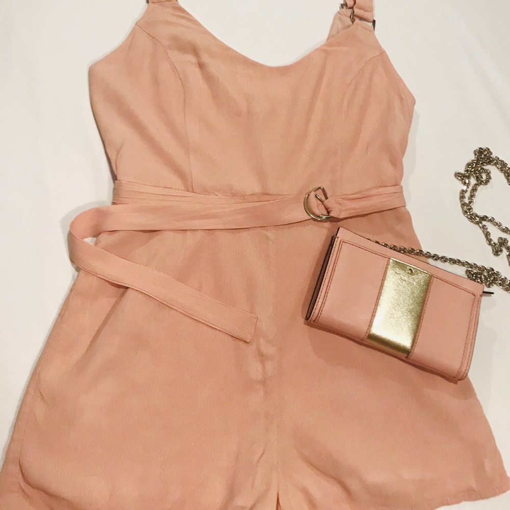 Peachy classy nude romper with waist tie.